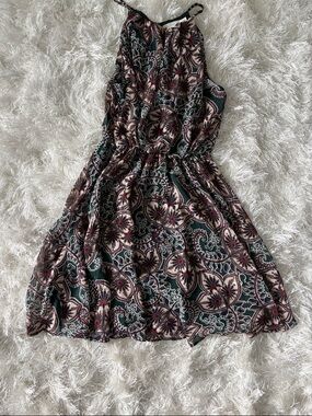 Floral Halter Swing Dress in Dark Green and Burgundy